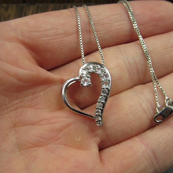 18" Sterling Silver Very Light Aquamarine Heart Pendant Necklace Vintage - Picture 2 of 7